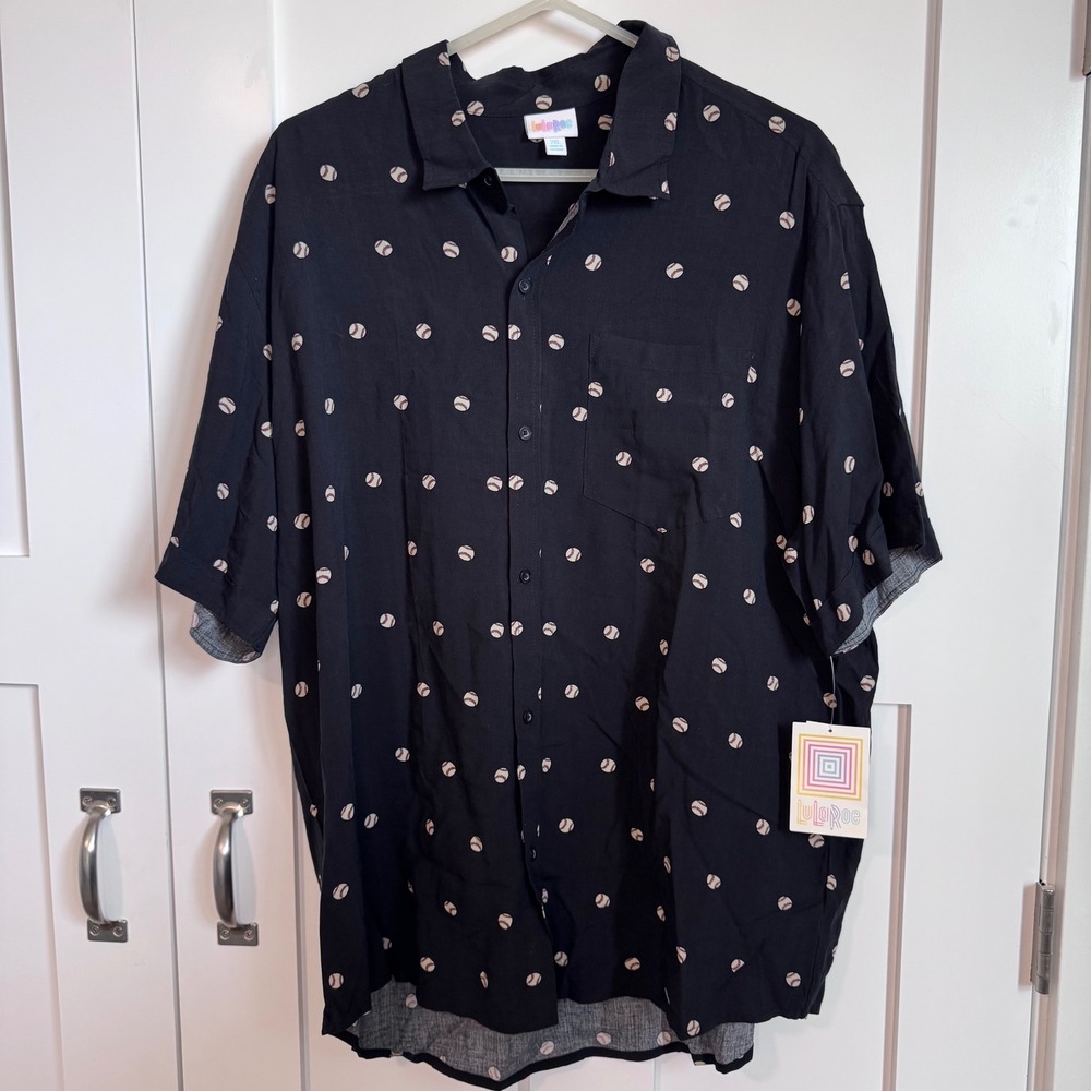 NWT LuLaRoe Michael Black with Baseball‎ Button Down Shirt Men's Size 2XL Casual